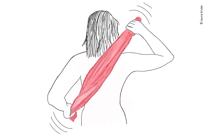 Eine Illustration von Laura, wie sie sich den Rücken mit einem roten handtuch abtrocknet. 